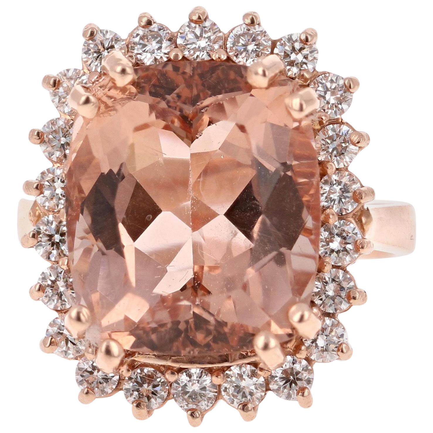 Bague cocktail en or rose 14 carats avec Morganite de 11,27 carats et diamants