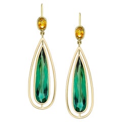 11.27 Carat Total Green Tourmaline Pear, Yellow Sapphire, Gold Dangle Earrings