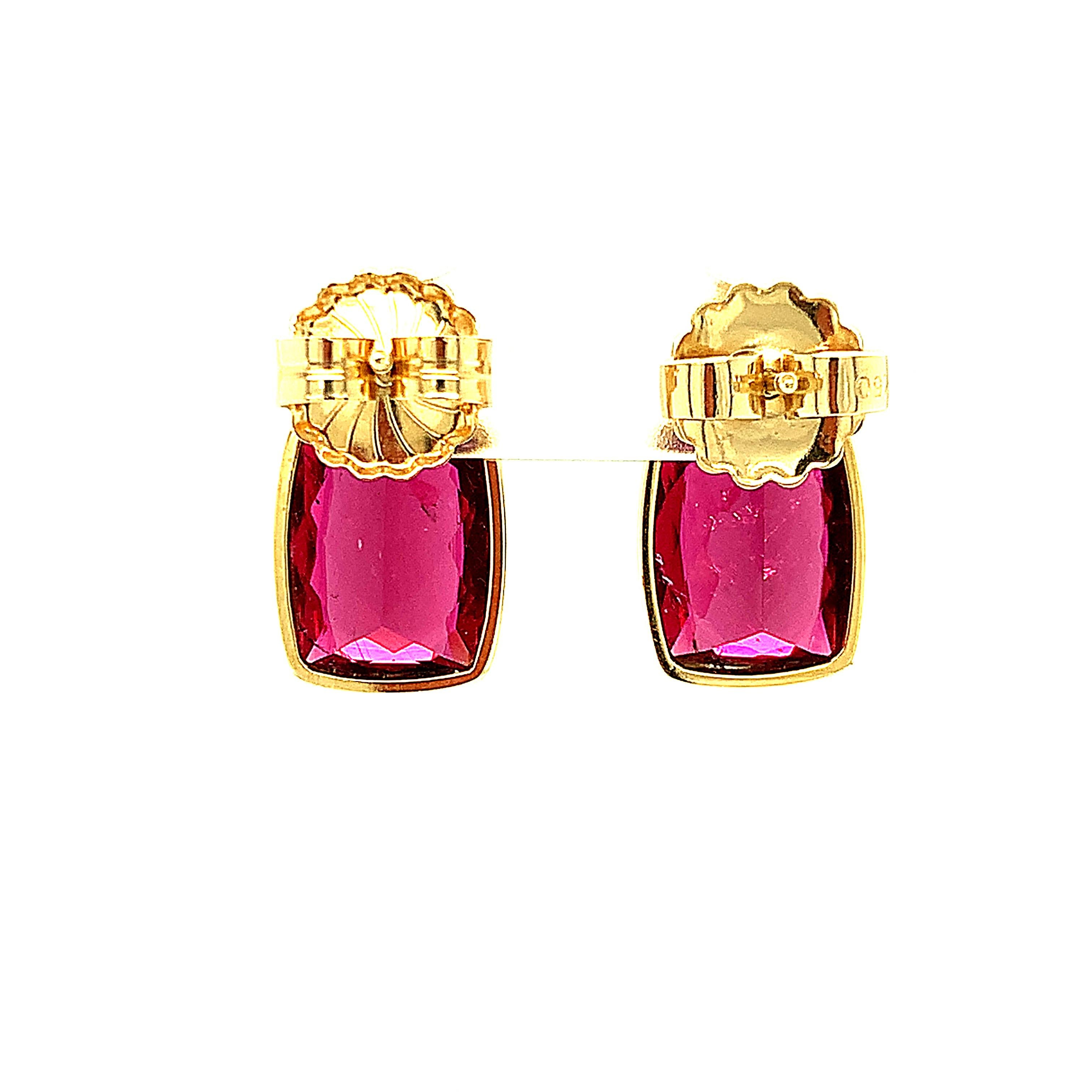 Women's Rubellite Tourmaline Drop Earrings in Yellow Gold, 11.28 Carats Total  For Sale