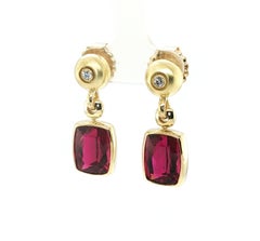 11.28 Carat Total Cushion Rubellite Tourmaline and Diamond Drop Earrings