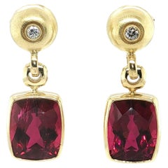 11.28 Carat Total Cushion Rubellite Tourmaline and Diamond Drop Earrings