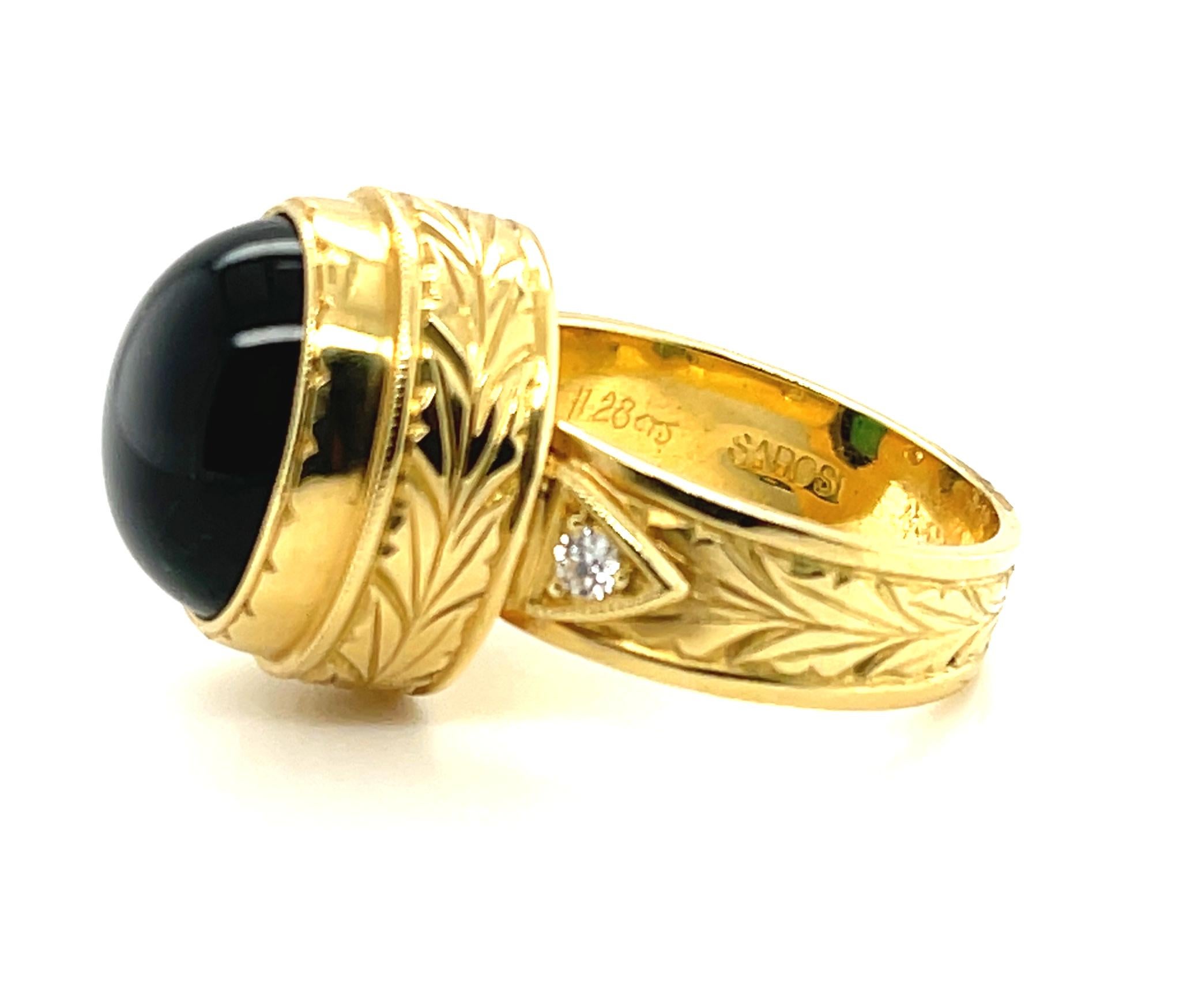 11.28 ct. Green Tourmaline Cabochon, Diamond, Yellow Bezel Dome Band Ring In New Condition In Los Angeles, CA