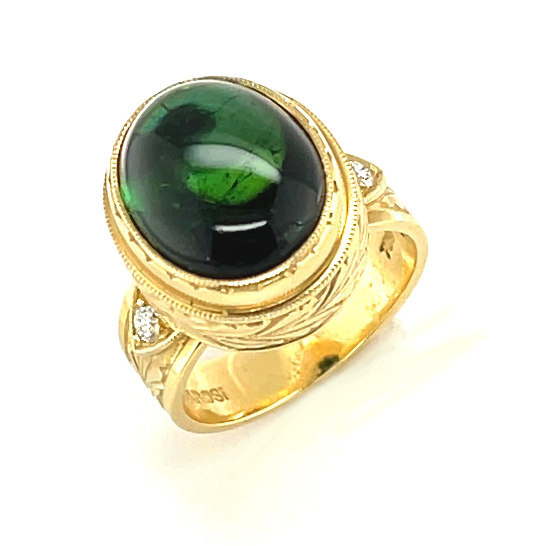 11.28 ct. Green Tourmaline Cabochon, Diamond, Yellow Bezel Dome Band Ring 4