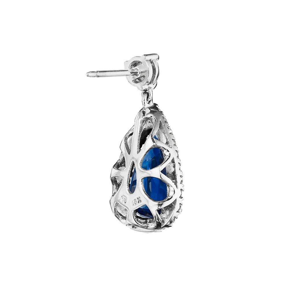 Modern 11.28ct Natural Madagascar Blue Pear Shape Sapphire & Diamond Halo Earrings For Sale