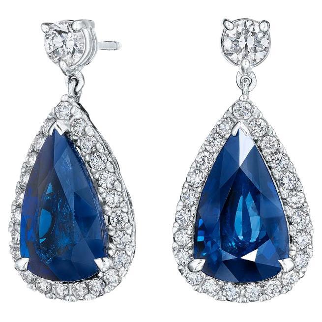11.28ct Natural Madagascar Blue Pear Shape Sapphire & Diamond Halo Earrings For Sale