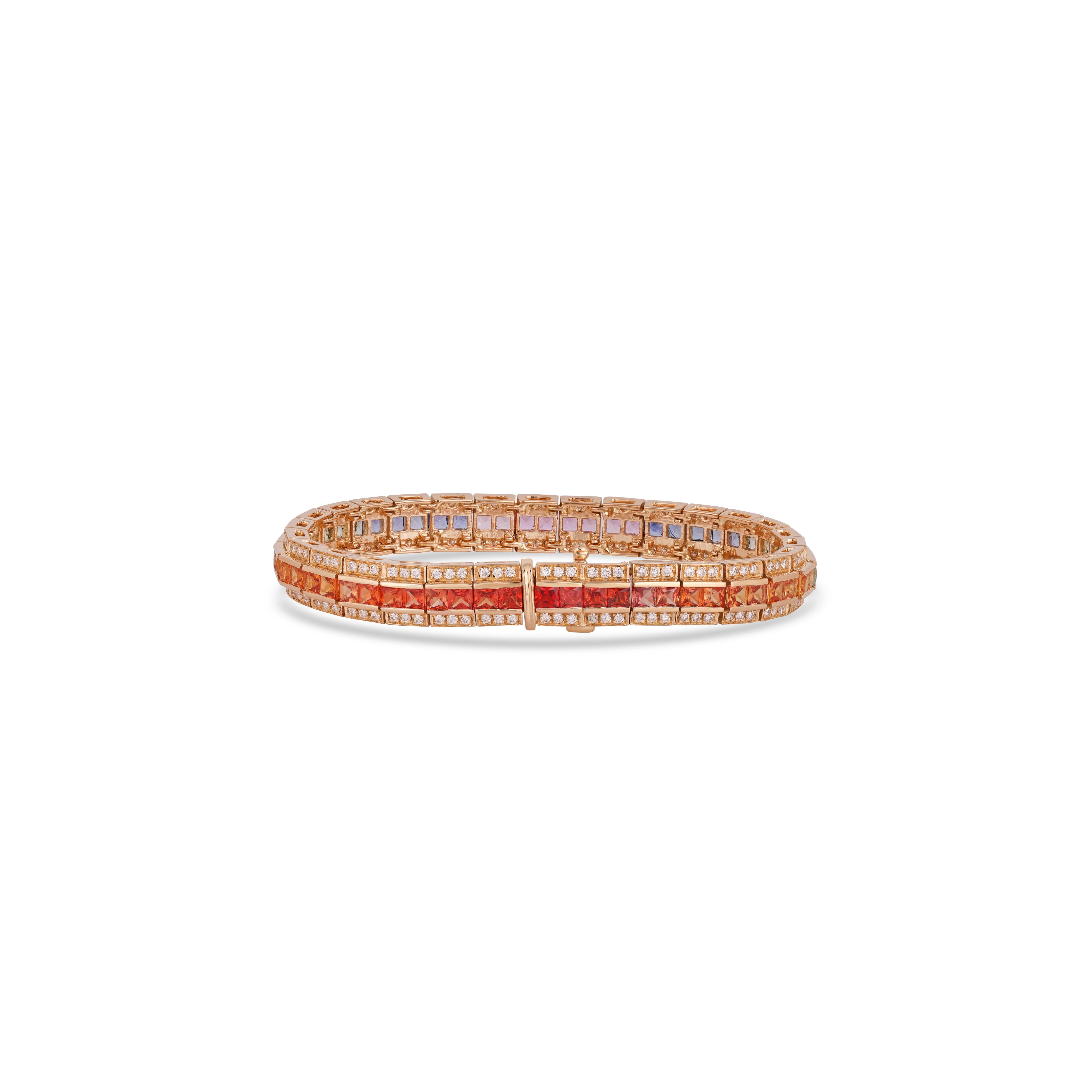 Octagon Cut 11.29 Carat Multi Sapphire Princess and Diamond bracelet in 18k Yellow Gold For Sale
