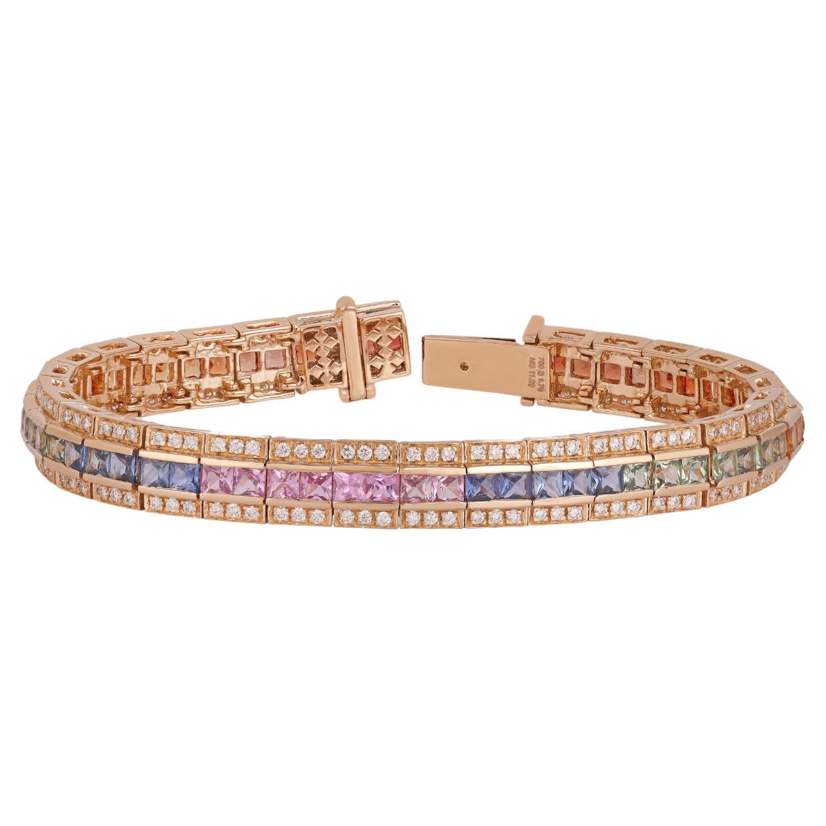 11.29 Carat Multi Sapphire Princess and Diamond bracelet in 18k Yellow Gold For Sale