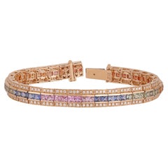 11.29 Carat Multi Sapphire Princesse et Diamant bracelet en or jaune 18k