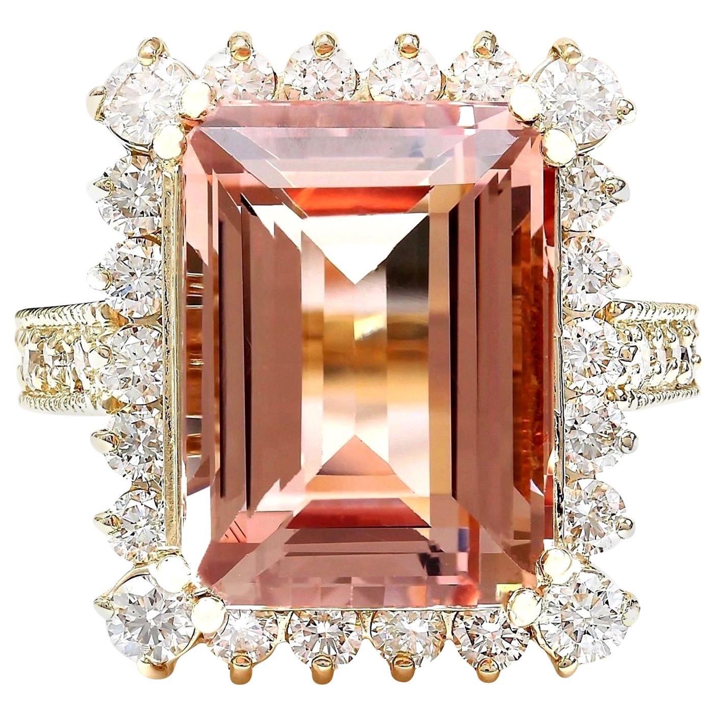 Dazzling Natural Morganite Diamond Ring In 14 Karat Solid Yellow Gold  For Sale