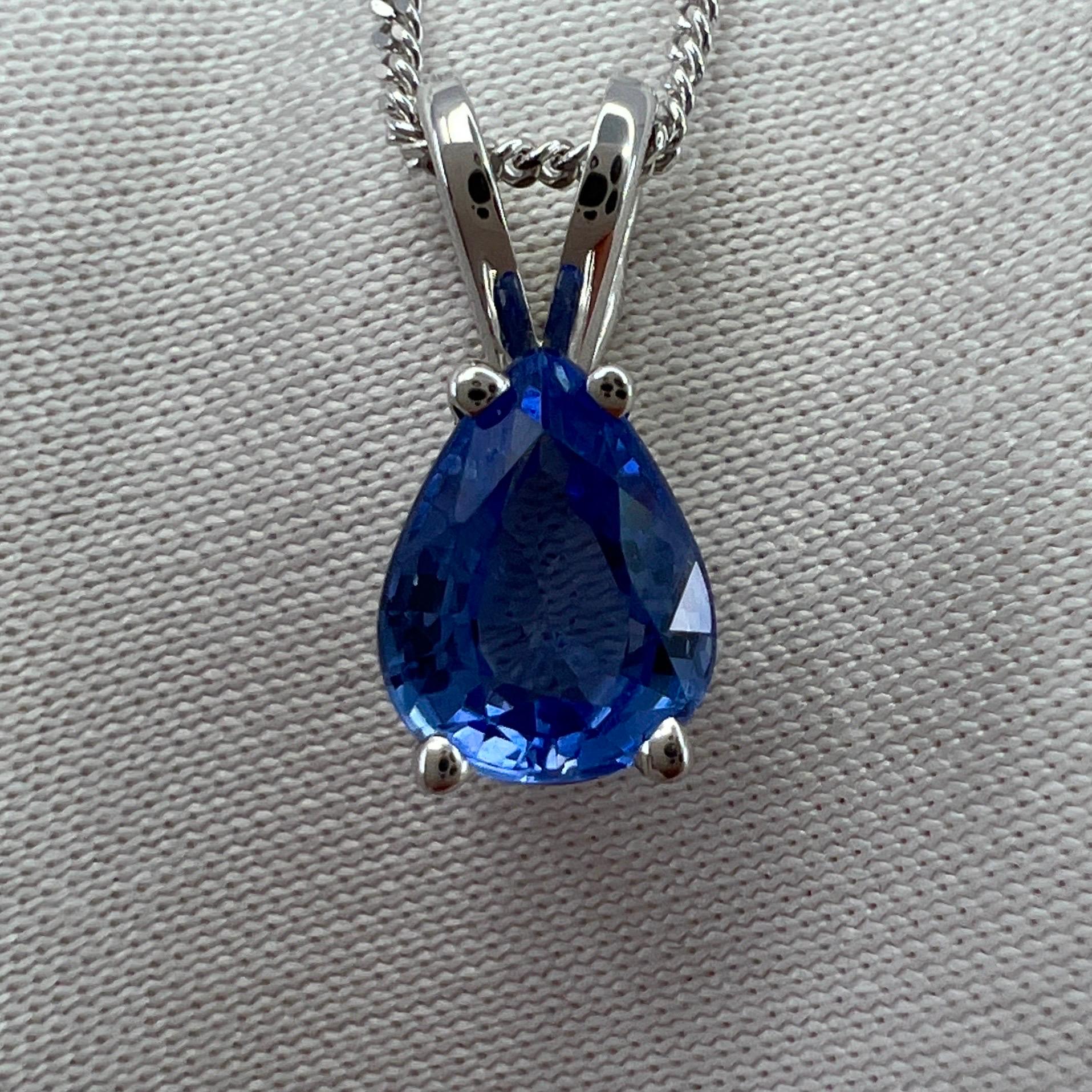 Fine Cornflower Blue Ceylon Sapphire 18K White Gold Pear Cut Pendant Necklace.

Stunning 1.12 Ceylon sapphire with a top grade cornflower blue colour and excellent clarity, very clean stone. 
Mined in Sri Lanka, source of some of the worlds finest