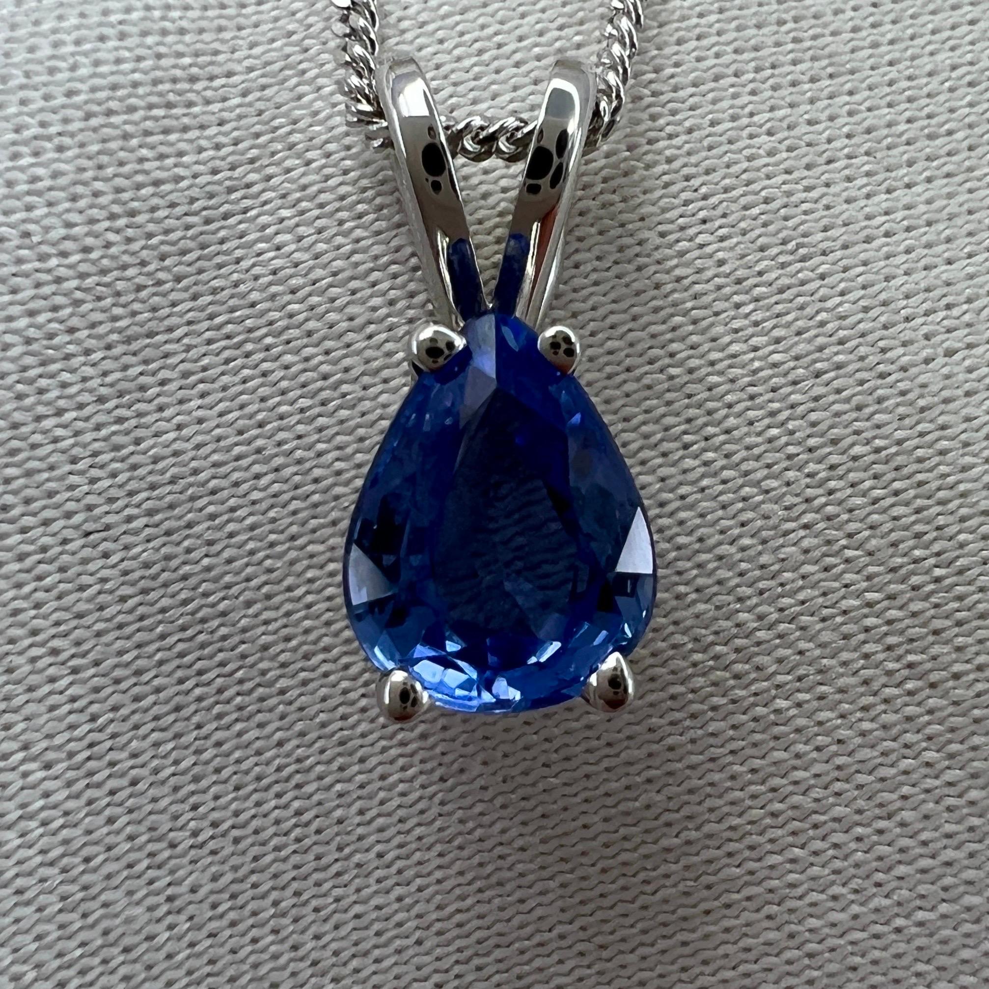 1.12ct Ceylon Cornflower Blue Sapphire 18K White Gold Pear Cut Pendant Necklace In New Condition In Birmingham, GB