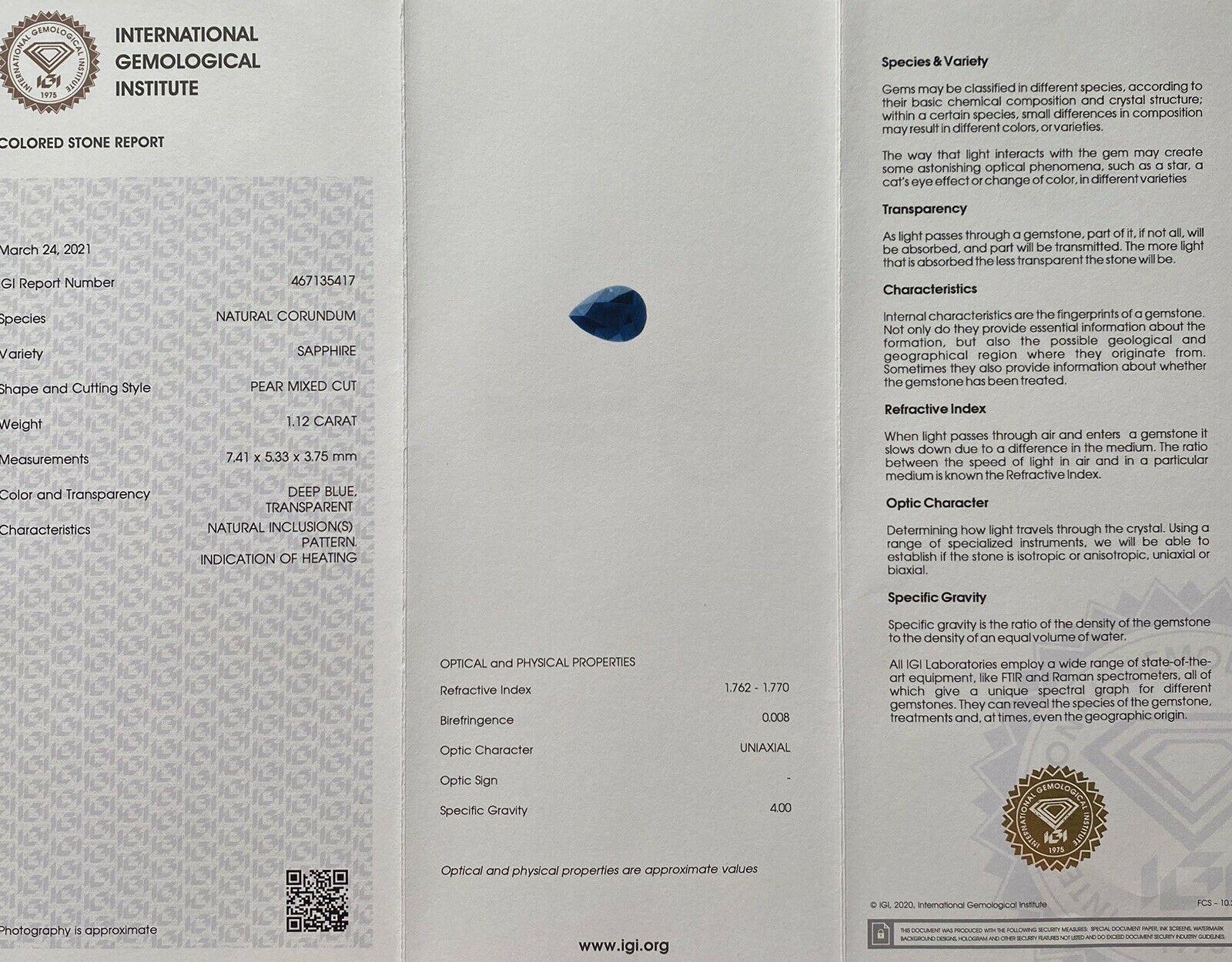 Taille poire Saphir bleu profond taille poire en forme de goutte d'eau 1,12 carat certifié IGI, pierre précieuse rare et non sertie en vente
