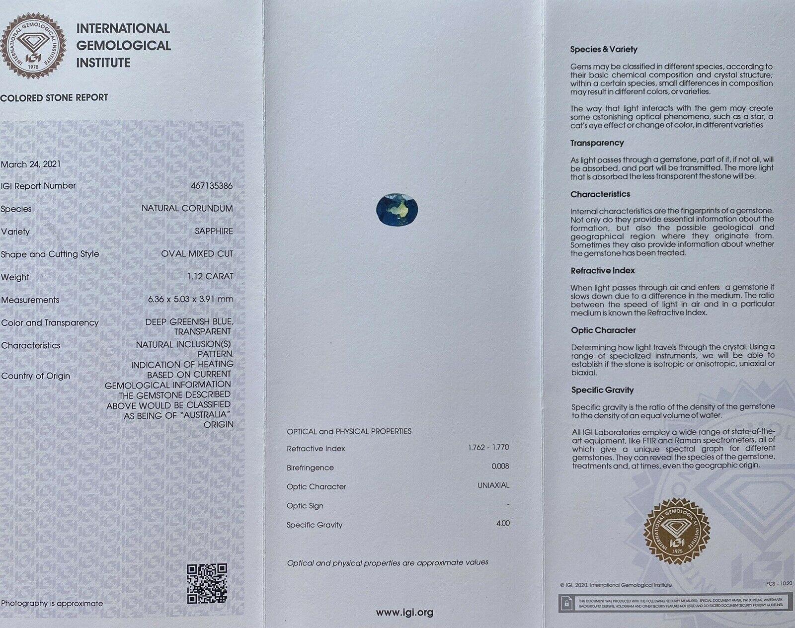 1,12 Karat feiner australischer tiefgrüner blauer Teal Saphir im Ovalschliff, IGI-zertifizierter Edelstein im Zustand „Neu“ im Angebot in Birmingham, GB