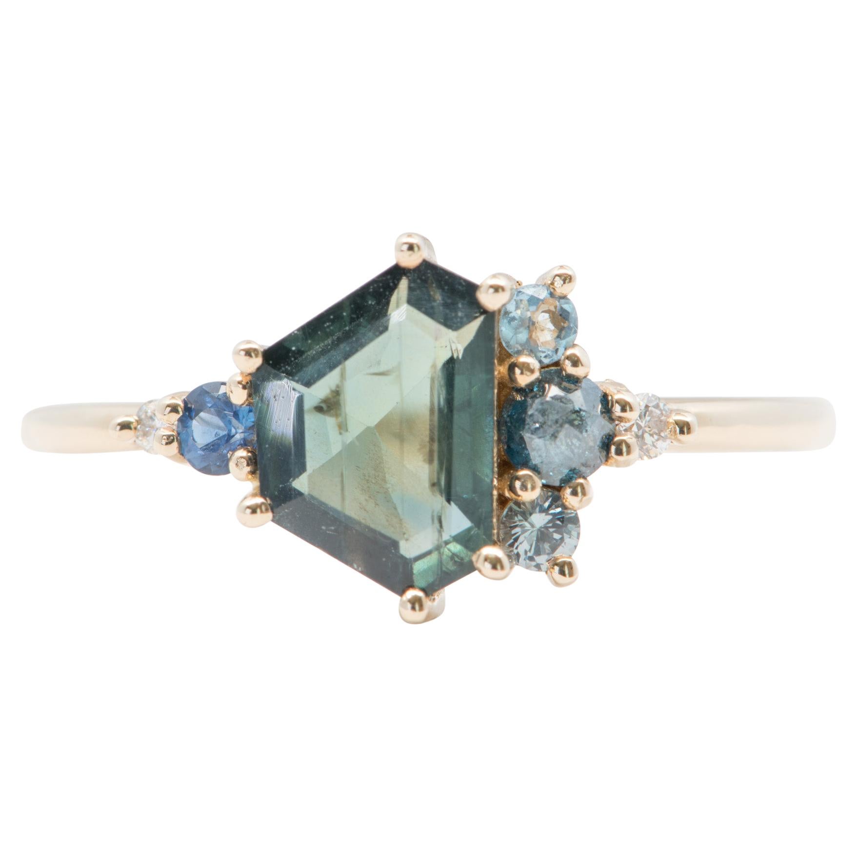 1.12ct Geometric Sapphire Cluster Ring 14K Yellow Gold Engagement Unique R6025