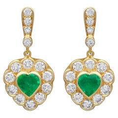1.12ct Heart Emerald and 2.32ct Diamond, 18ct Yellow Gold Drop Earrings