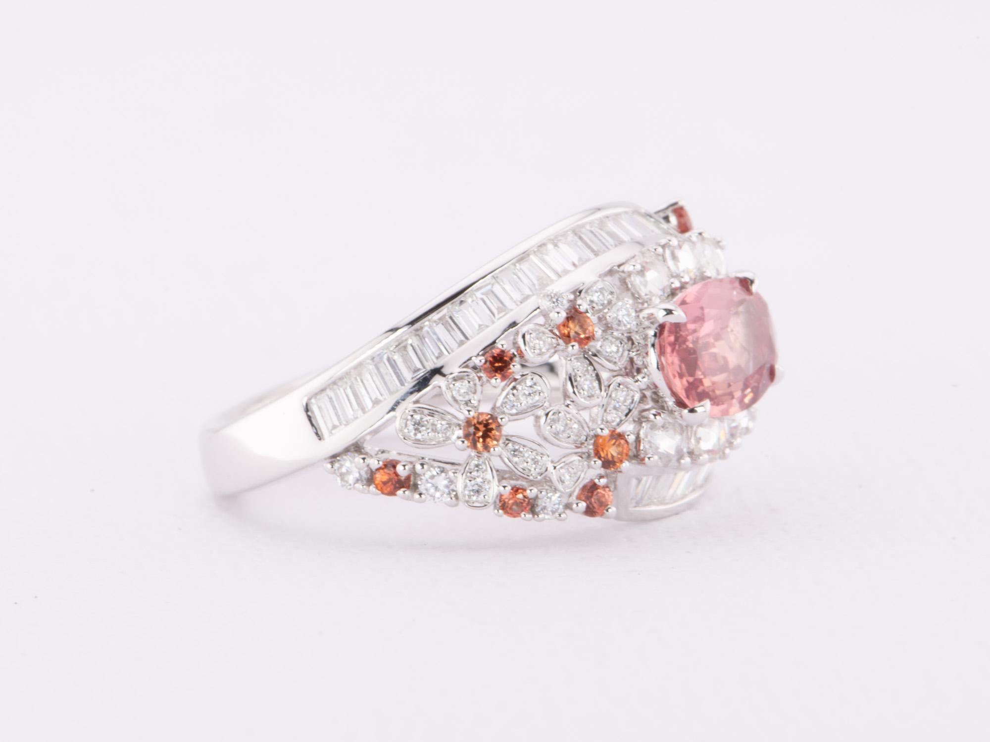 Uncut 1.12ct Natural Padparadscha Sapphire Diamond Cluster Ring 18K White Gold R6616 For Sale