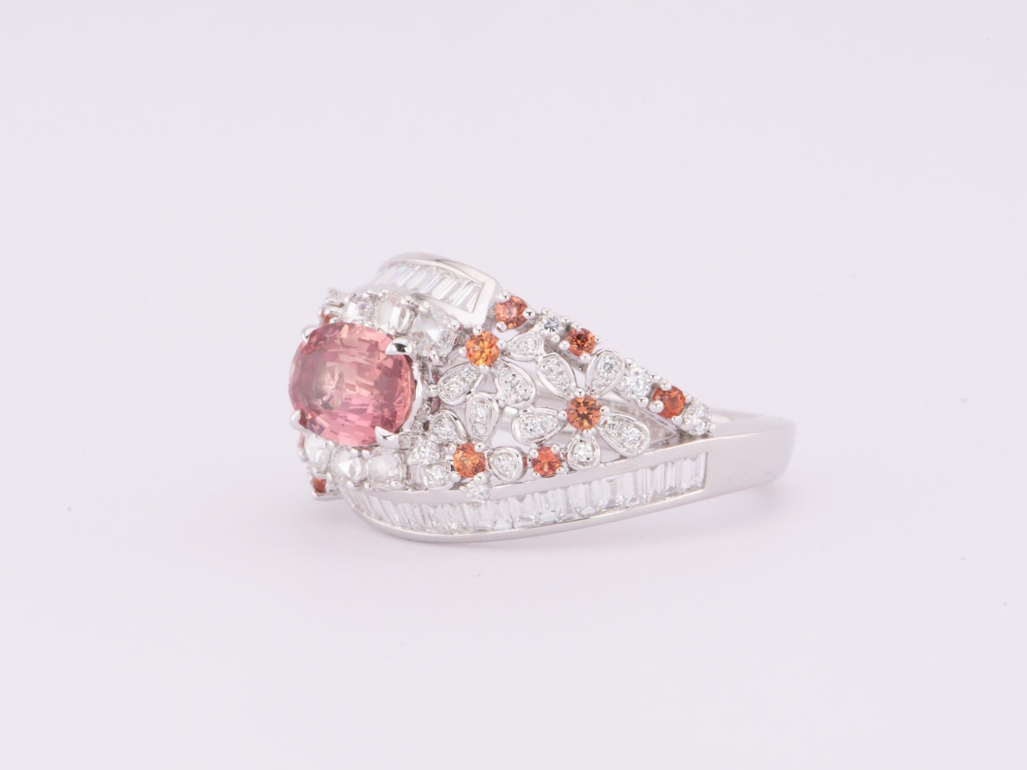 1.12ct Natural Padparadscha Sapphire Diamond Cluster Ring 18K White Gold R6616 In New Condition For Sale In Osprey, FL
