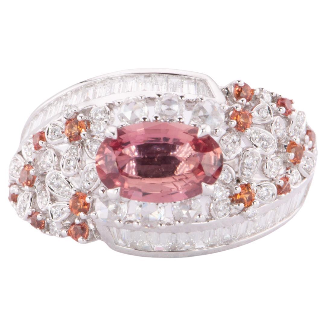 1.12ct Natural Padparadscha Sapphire Diamond Cluster Ring 18K White Gold R6616 For Sale