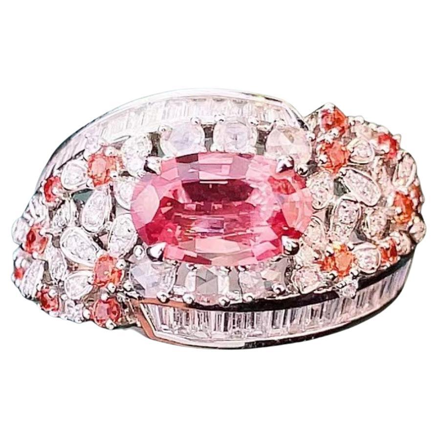 1.12ct Nature Padparadscha Sapphire Diamond Cluster Ring 18K White Gold R6616