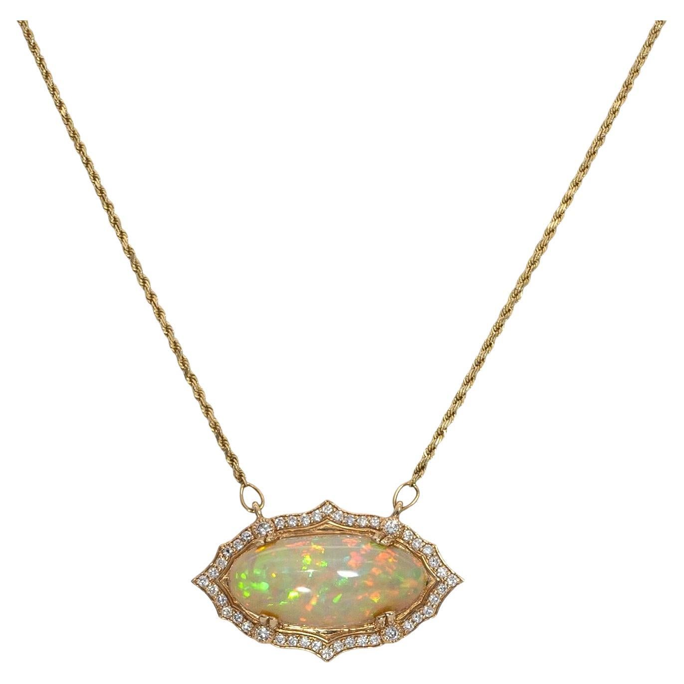 11.2Ct Opal Necklace Attached Chain with Natural Diamond Accents: Solid 14K Gold