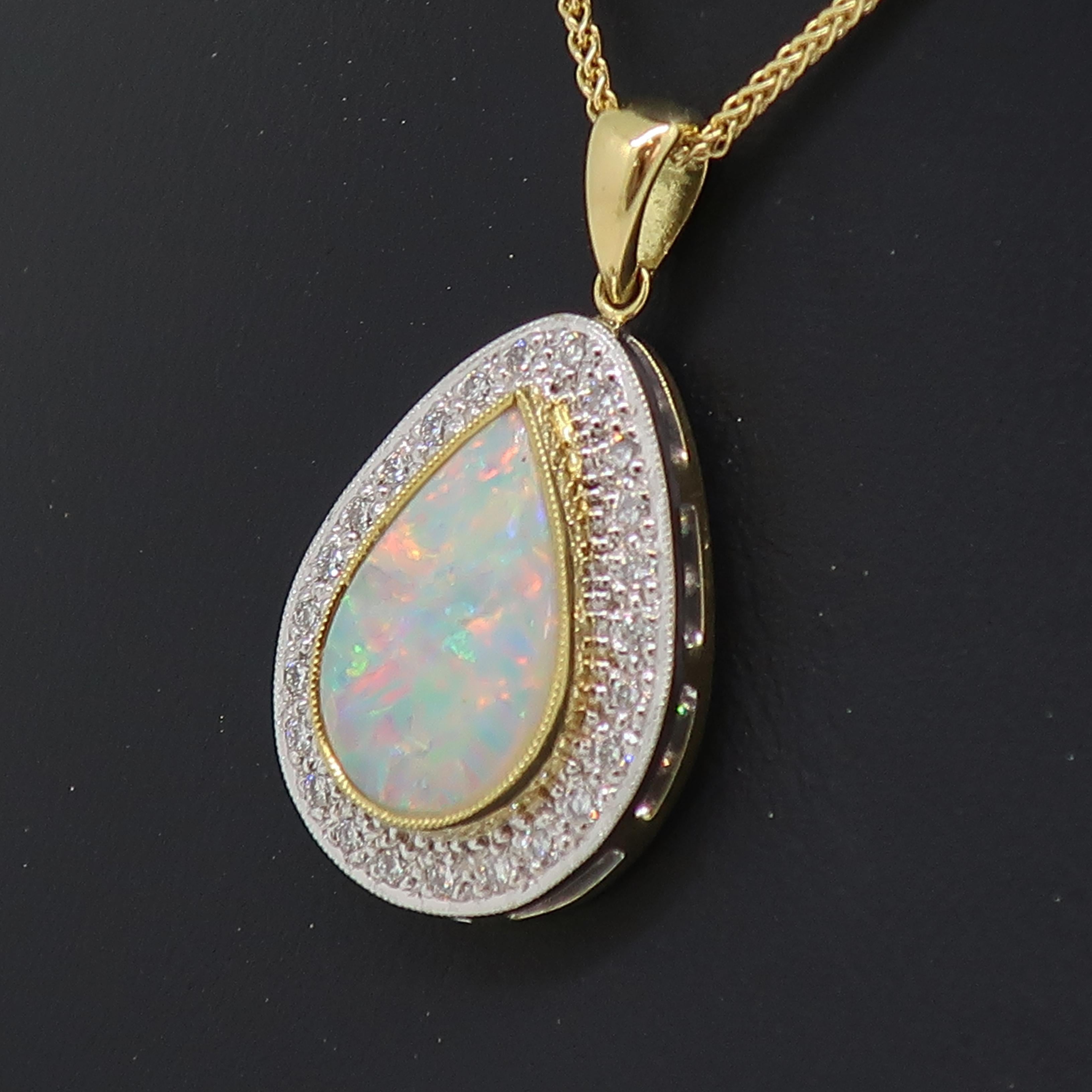 Modern 1.12ct Pear Shape Opal & Diamond Cluster Pendant 18 Karat Yellow and White Gold