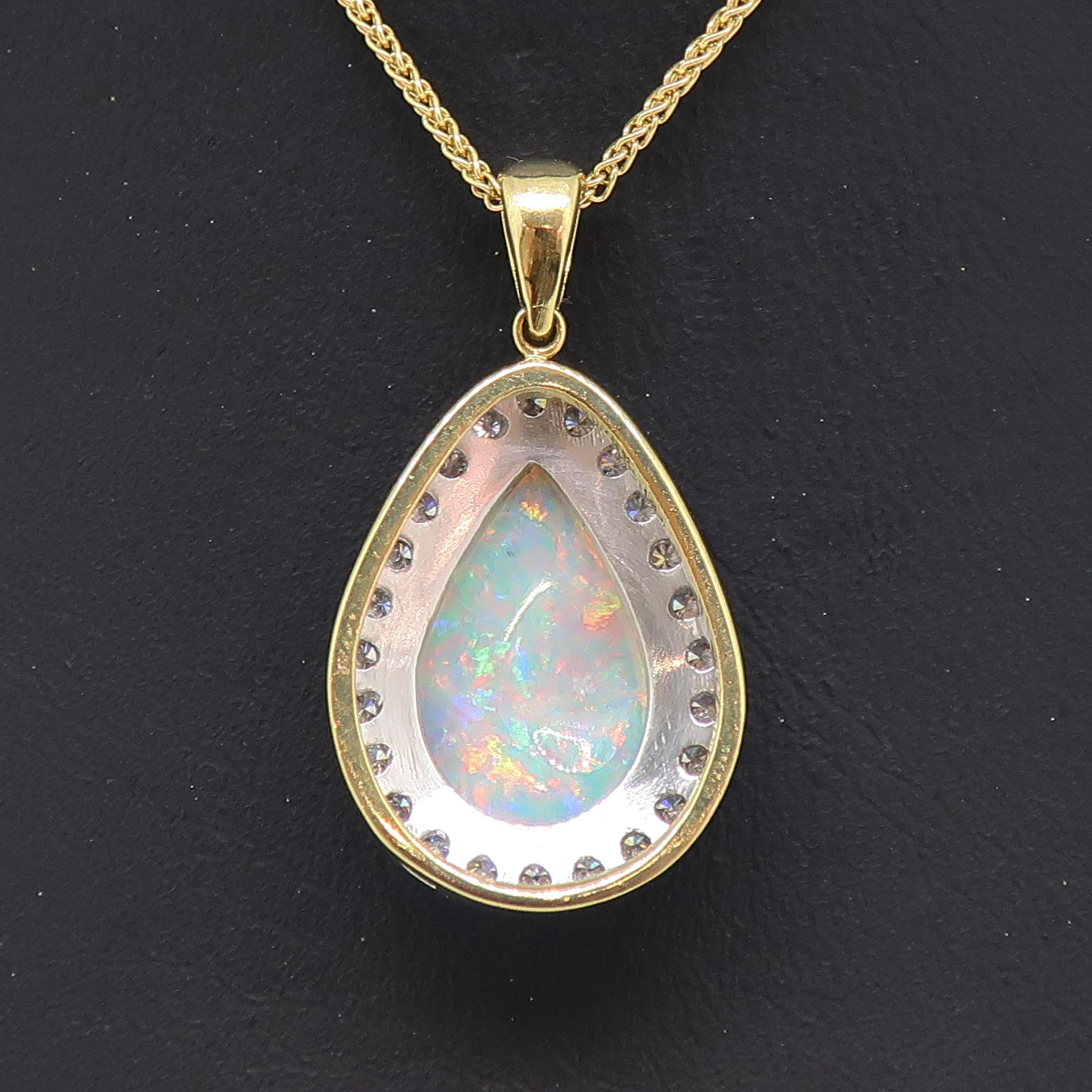1.12ct Pear Shape Opal & Diamond Cluster Pendant 18 Karat Yellow and White Gold In New Condition In East Grinstead, GB