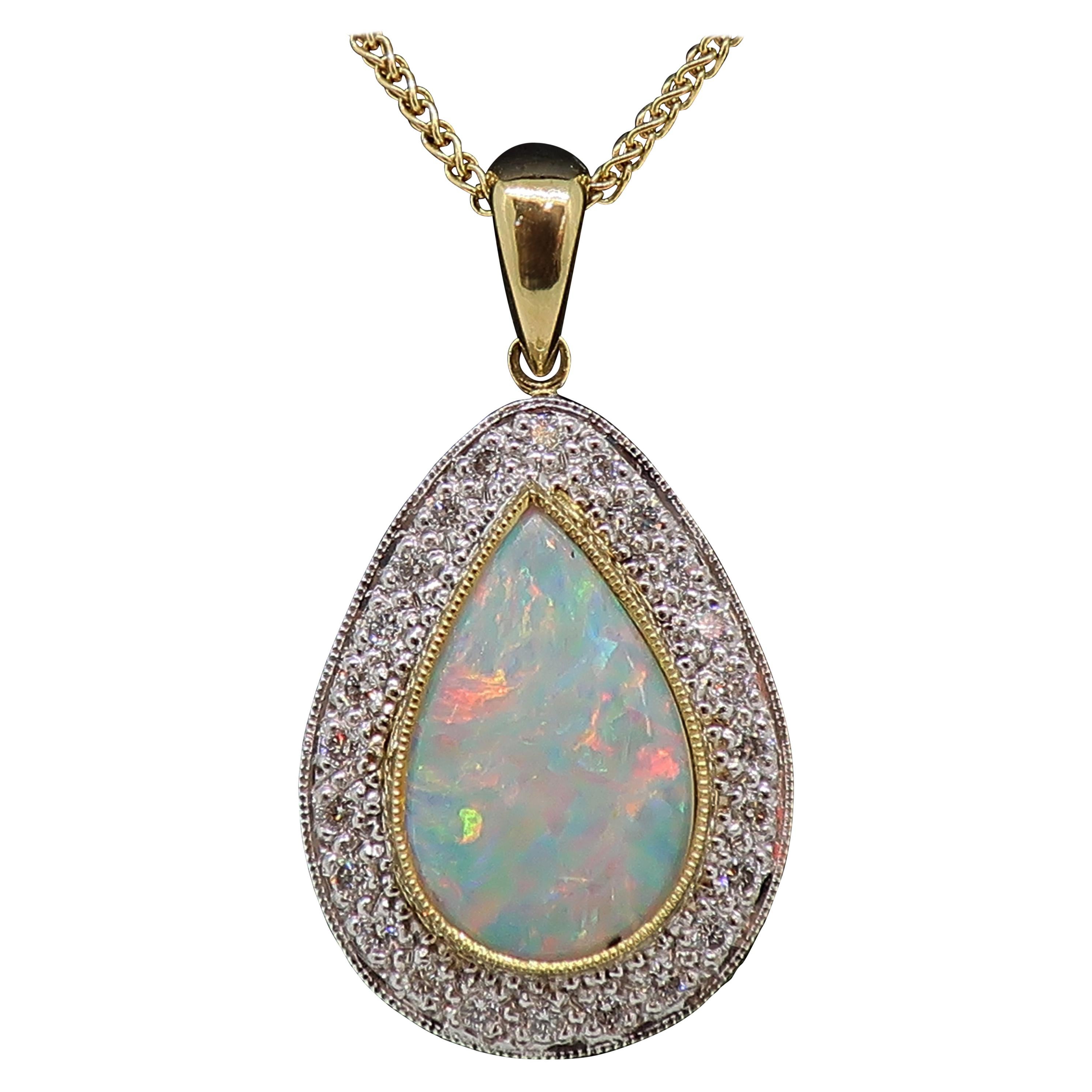 1.12ct Pear Shape Opal and Diamond Cluster Pendant 18 Karat Yellow and ...
