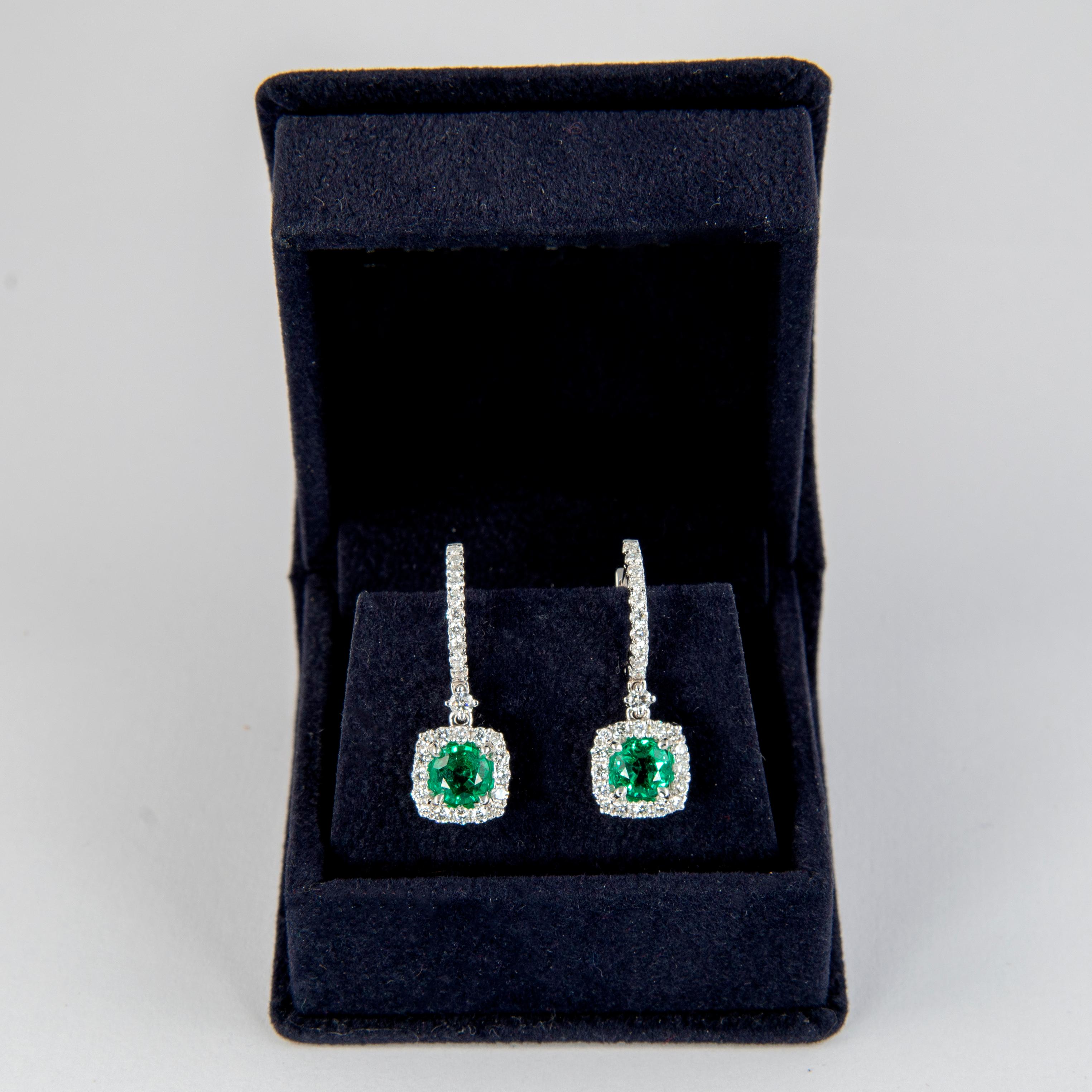 Contemporary 1.12ct Round Emeralds with Diamond Halo Drop Earrings 18k White Gold