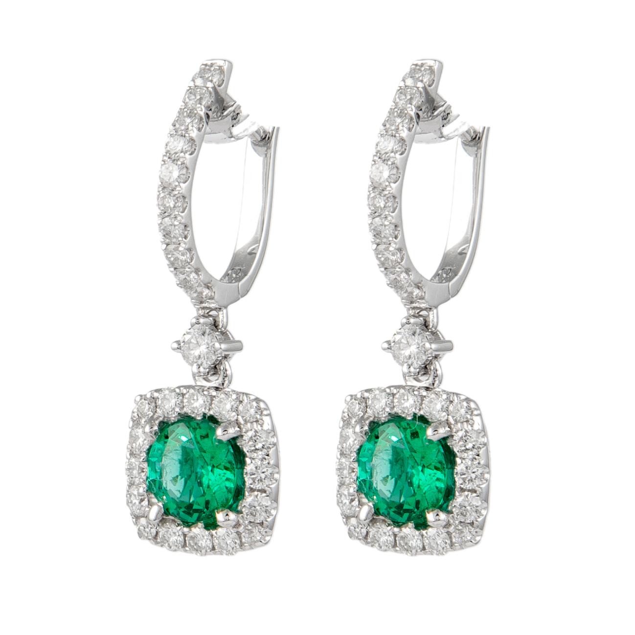 Round Cut 1.12ct Round Emeralds with Diamond Halo Drop Earrings 18k White Gold