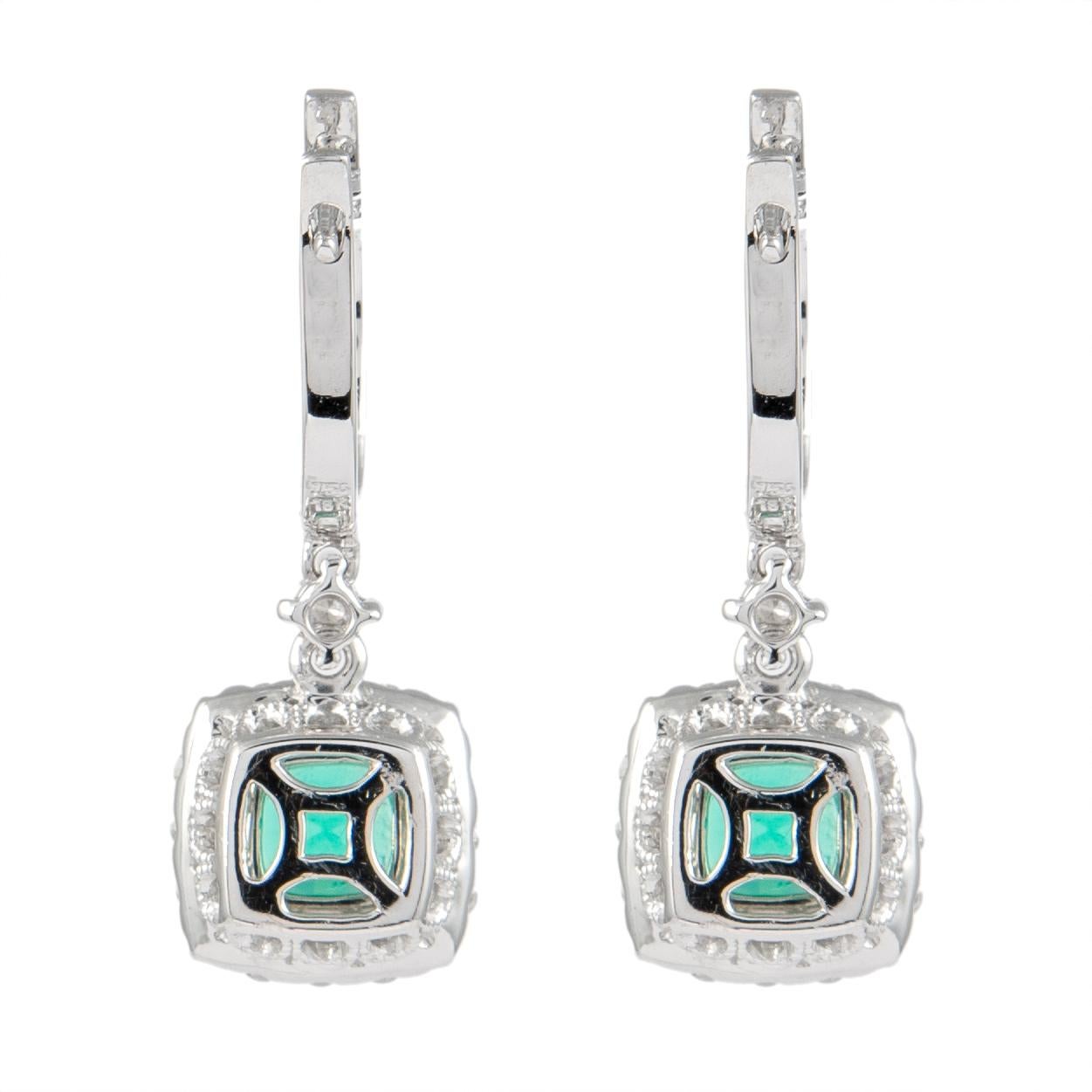 1.12ct Round Emeralds with Diamond Halo Drop Earrings 18k White Gold In New Condition In BEVERLY HILLS, CA
