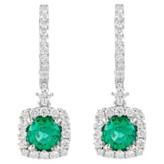 1.12ct Round Emeralds with Diamond Halo Drop Earrings 18k White Gold