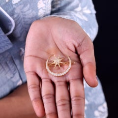 1.12Ct Natural Diamond Star Moon Brooch  18K Yellow Gold  HRD Certified