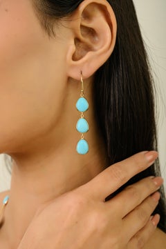 11.2ct Turquoise Cabochon Bezel Set Dangle Drop Earrings in 14K Yellow Gold