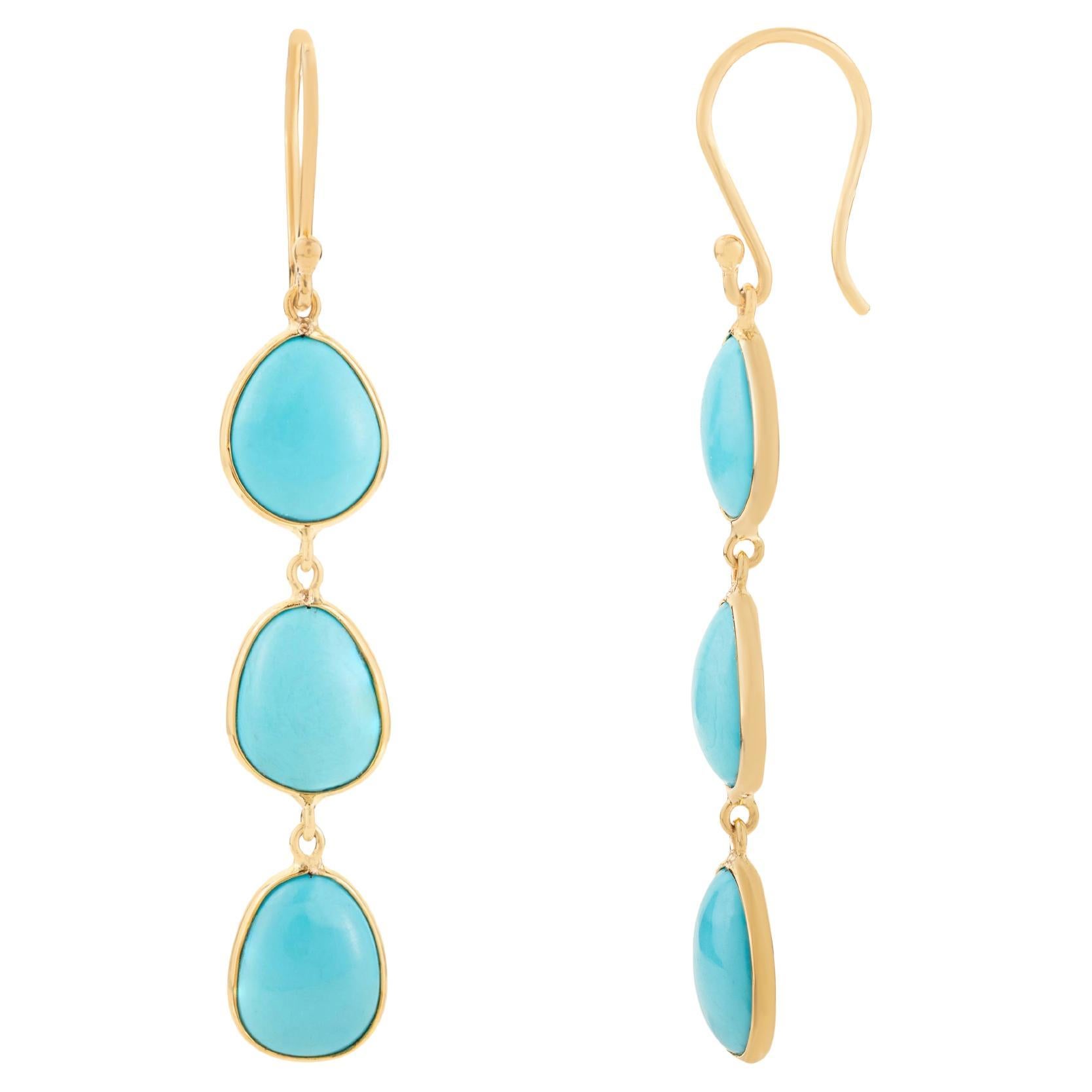 11.2ct Turquoise Cabochon Bezel Set Dangle Drop Earrings in 14K Yellow Gold