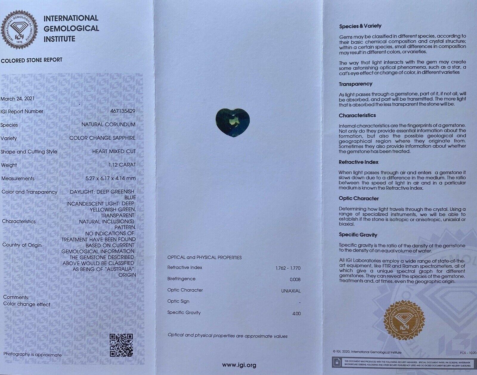 1,12 Karat unerhitzter Saphir Grün Blau IGI zertifiziertes Herz australisch 5