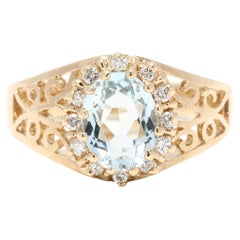 Vintage 1.12ctw Aquamarine Diamond Halo Filigree Ring, 14k Yellow Gold, Ring