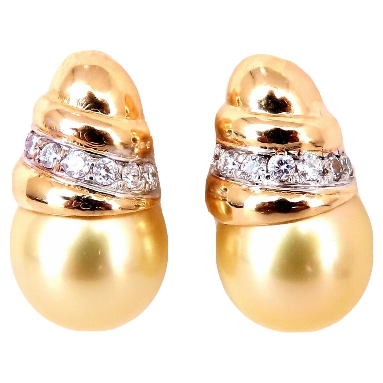 Golden Yellow South Seas Pearls .50ct Diamonds Stud Earrings 14kt Gold For Sale