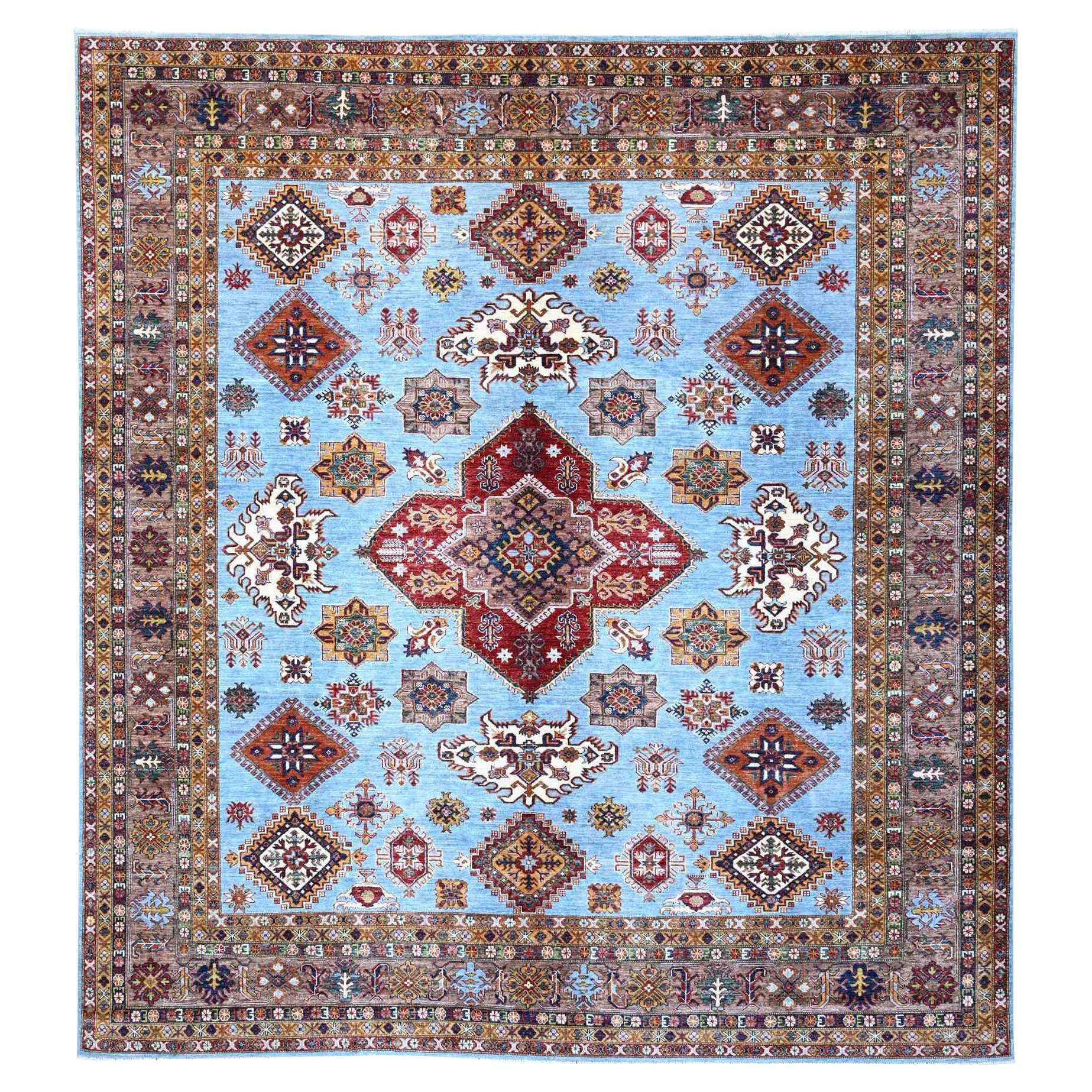 11'2"x12'1" Skye Blue Hand Knotted Wool Super Kazak All Over Motifs Oriental Rug For Sale