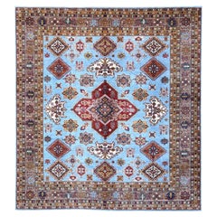 11'2"x12'1" Skye Blue Hand Knotted Wool Super Kazak All Over Motifs Oriental Rug