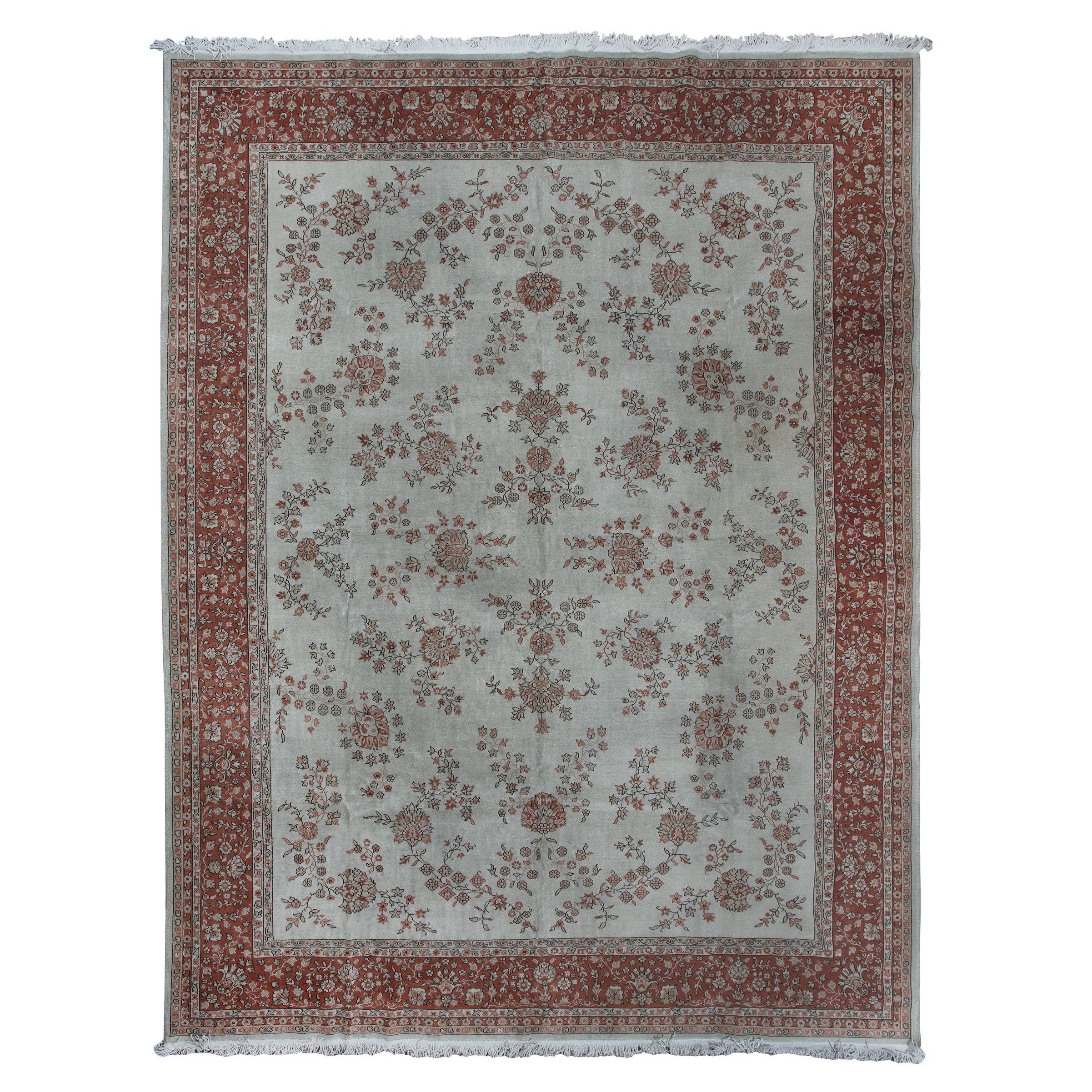 11,2x14.4 Ft handgefertigter, geblümter, türkischer Oversize-Teppich in Beige & Rot in Beige in Vintage-Farben