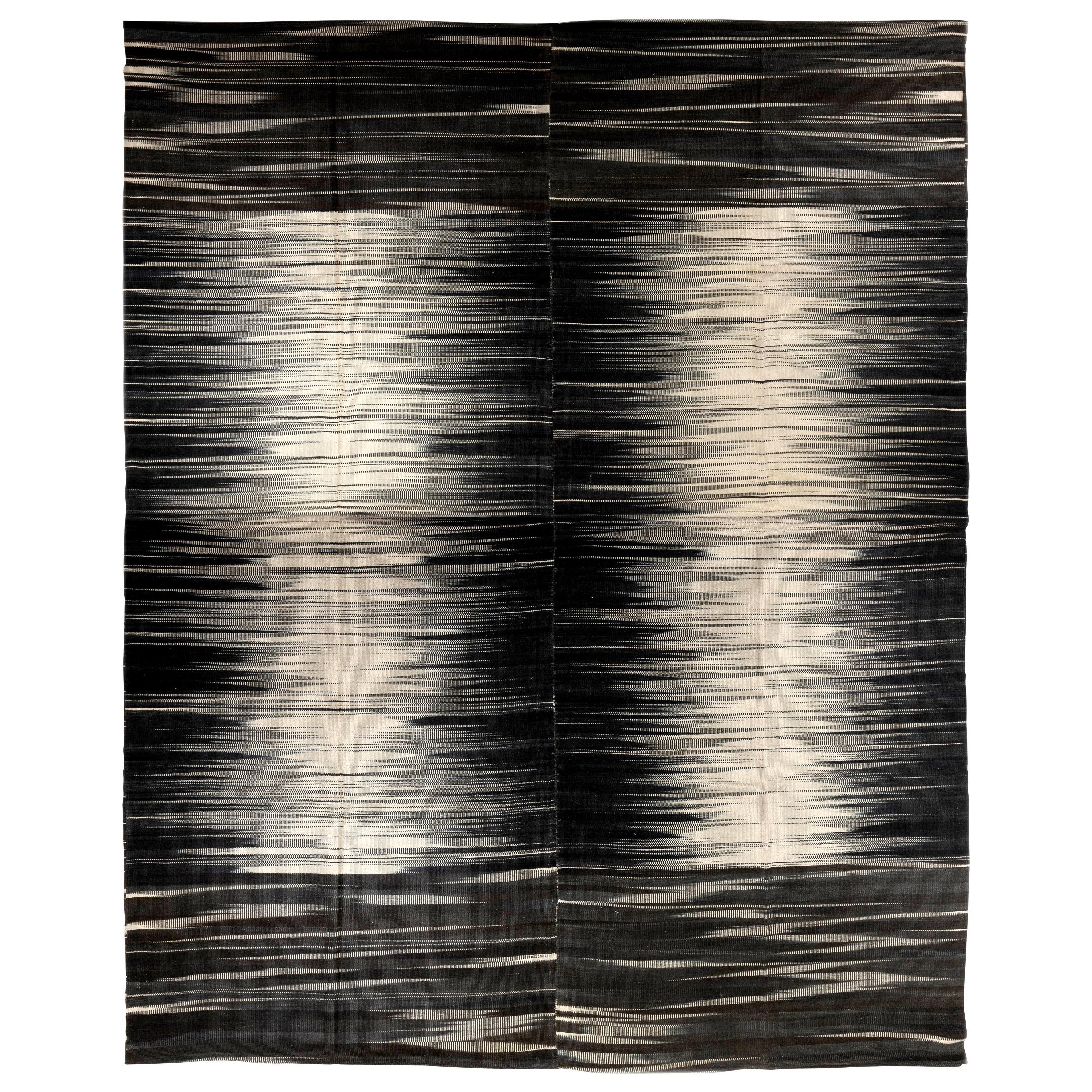 11.2x15.2 Ft Modern Double Sided Large Kilim in Black & Cream, Wool Oversize Rug