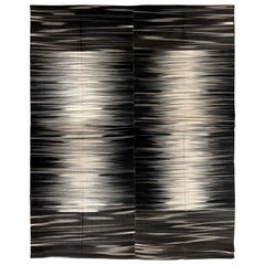 11.2x15.2 Ft Modern Double Sided Large Kilim in Black & Cream, Wool Oversize Rug