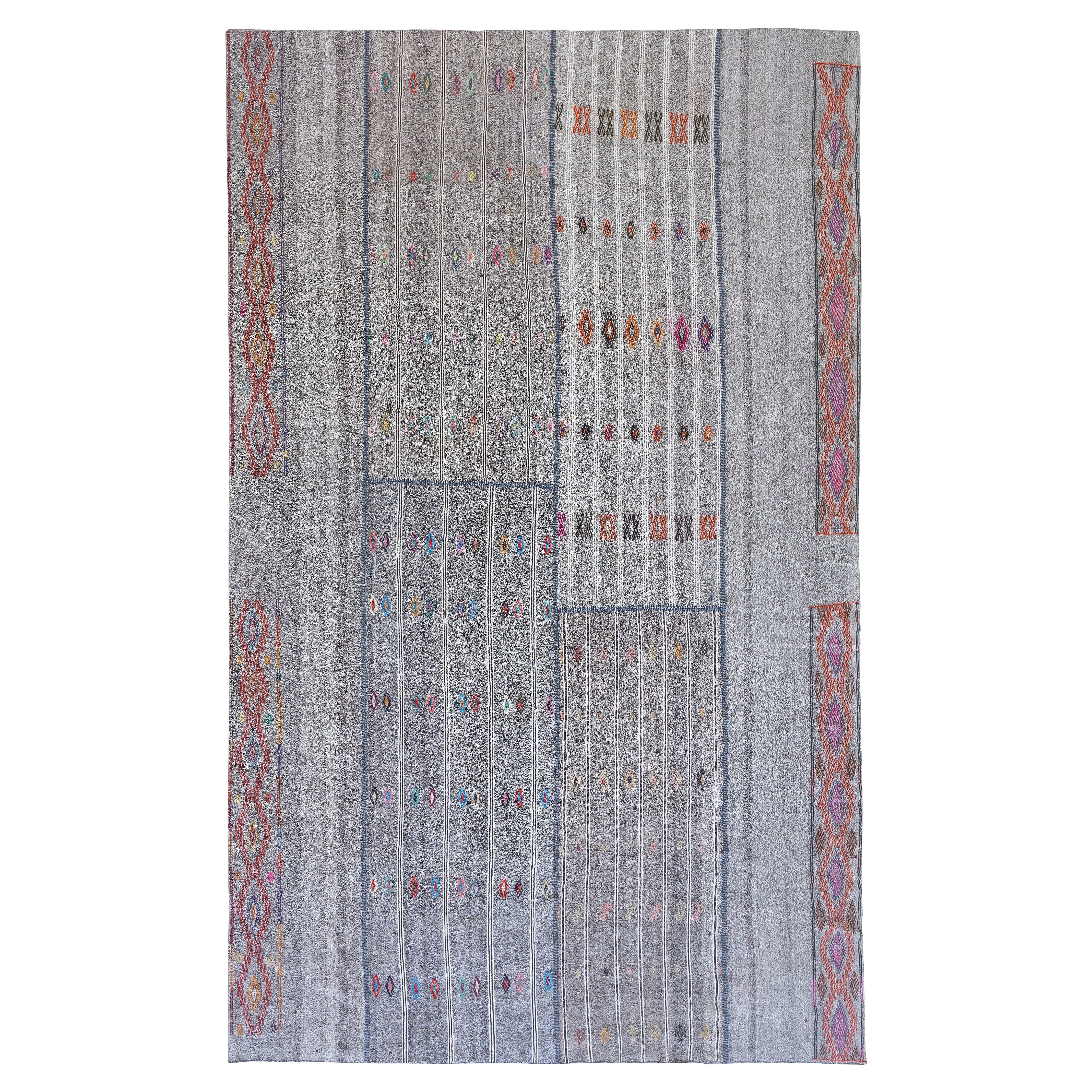 11.2x15.6 Ft Vintage Türkischer Kelim. Grauer Teppich aus Baumwolle und Ziegenhaar. Teppich in Übergröße