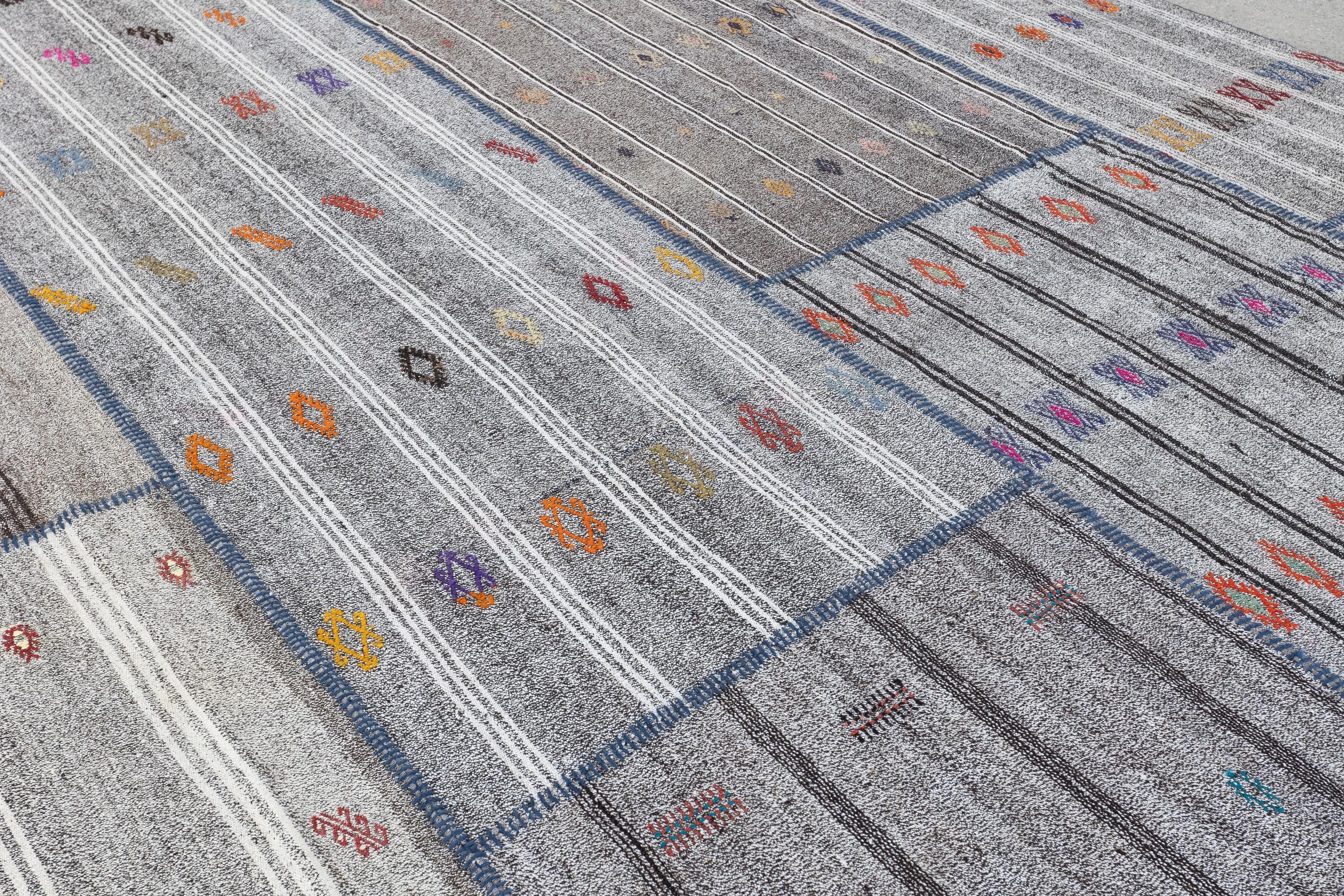 11.2x16.3 Ft Vintage Gray Kilim. Einstellbare handgewebte Teppiche. Teppich in Übergröße (Türkisch) im Angebot