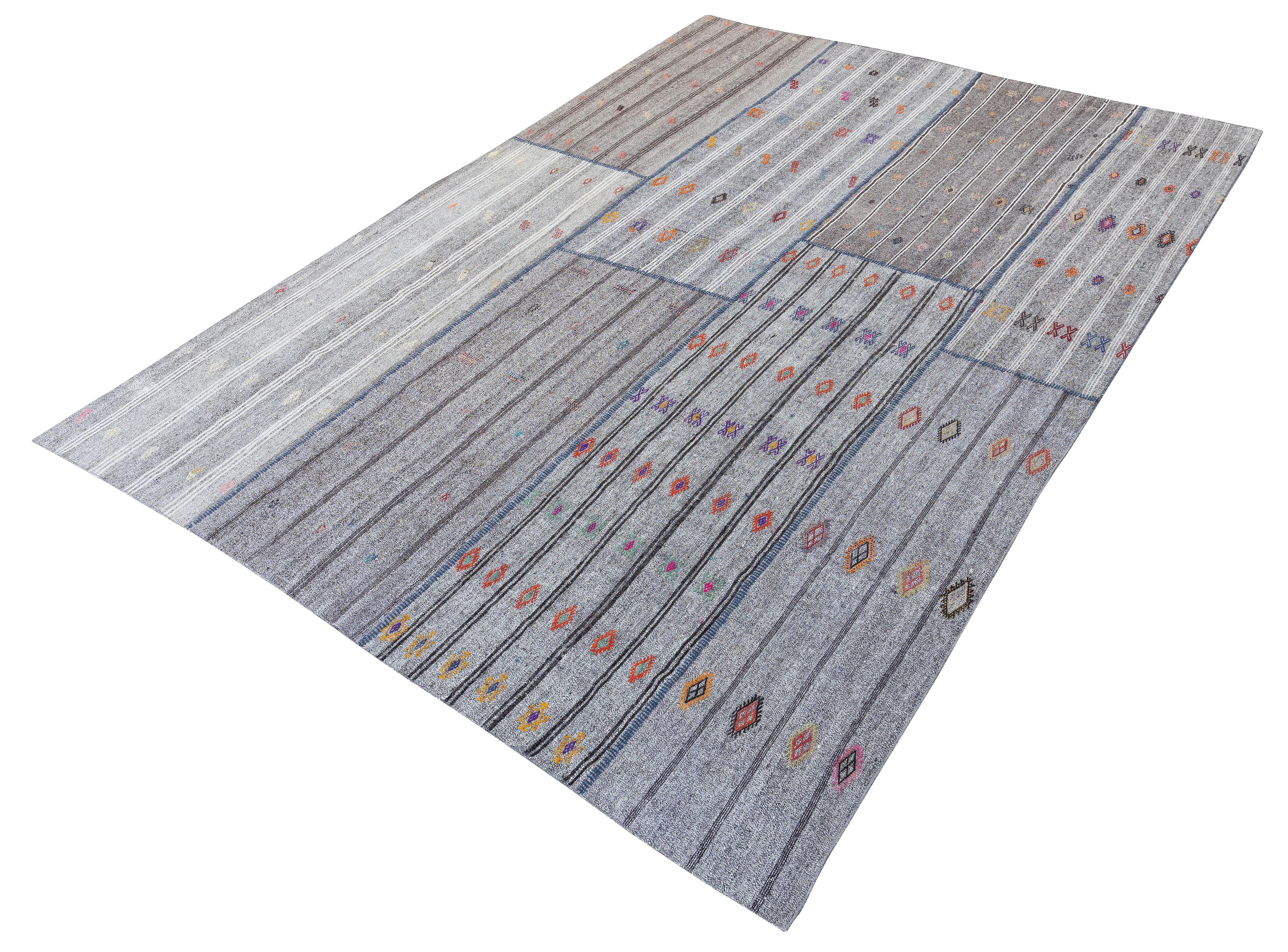 11.2x16.3 Ft Vintage Gray Kilim. Einstellbare handgewebte Teppiche. Teppich in Übergröße (Wolle) im Angebot