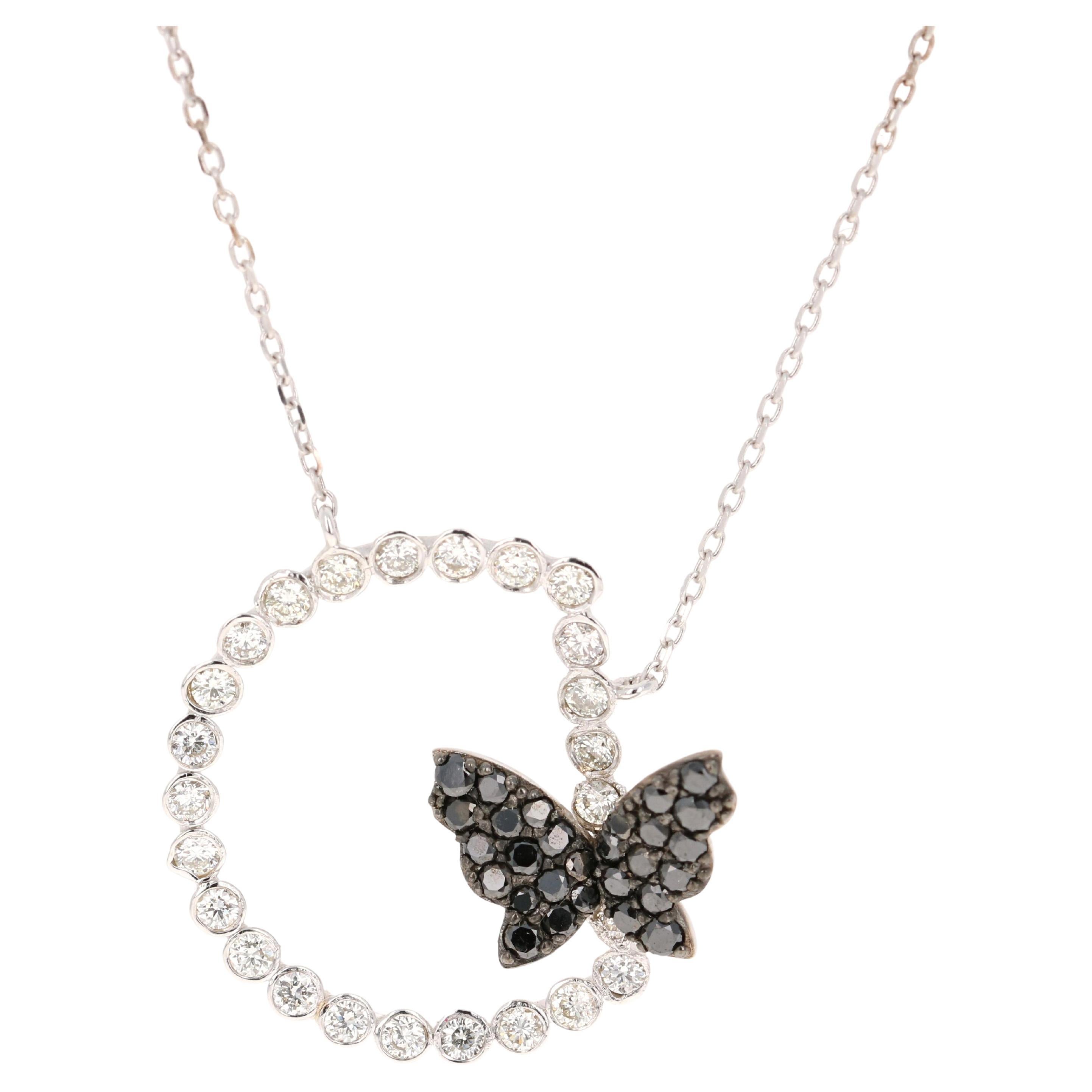 1.13 Carat Black Diamond White Diamond White Gold Necklace For Sale