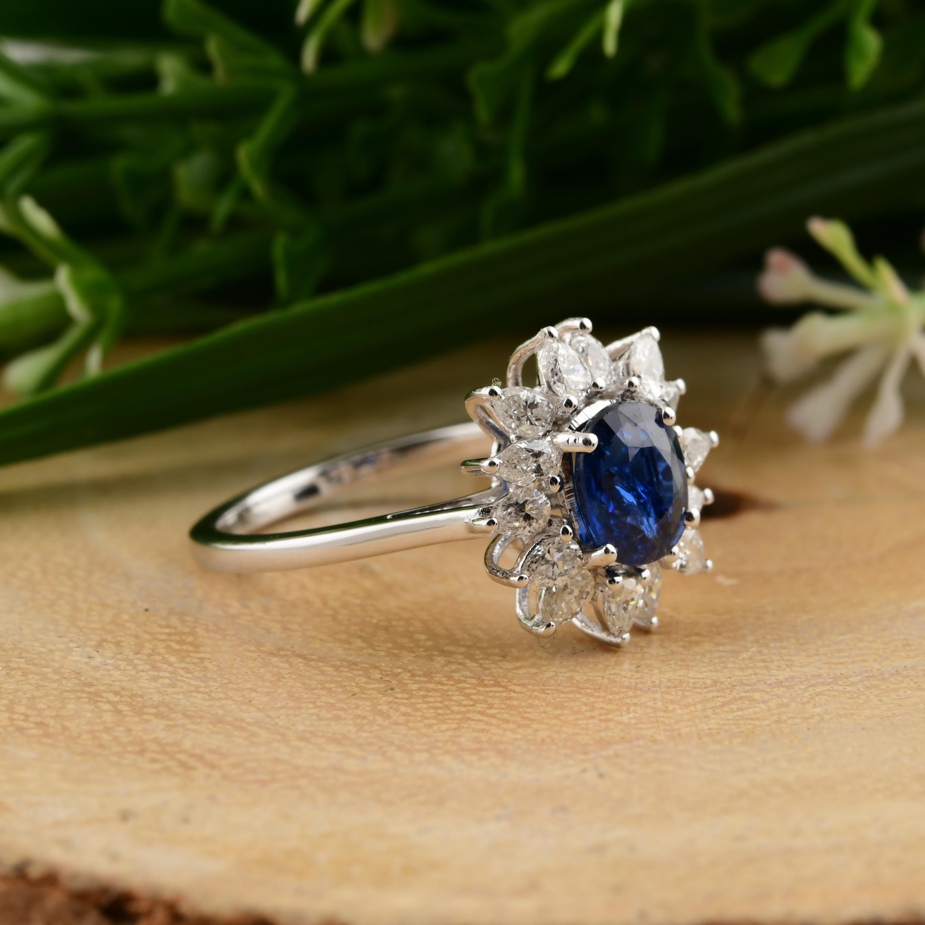 For Sale:  1.13 Carat Blue Sapphire 0.68 Ct SI/H Diamond Cocktail Ring 18 Karat White Gold 2