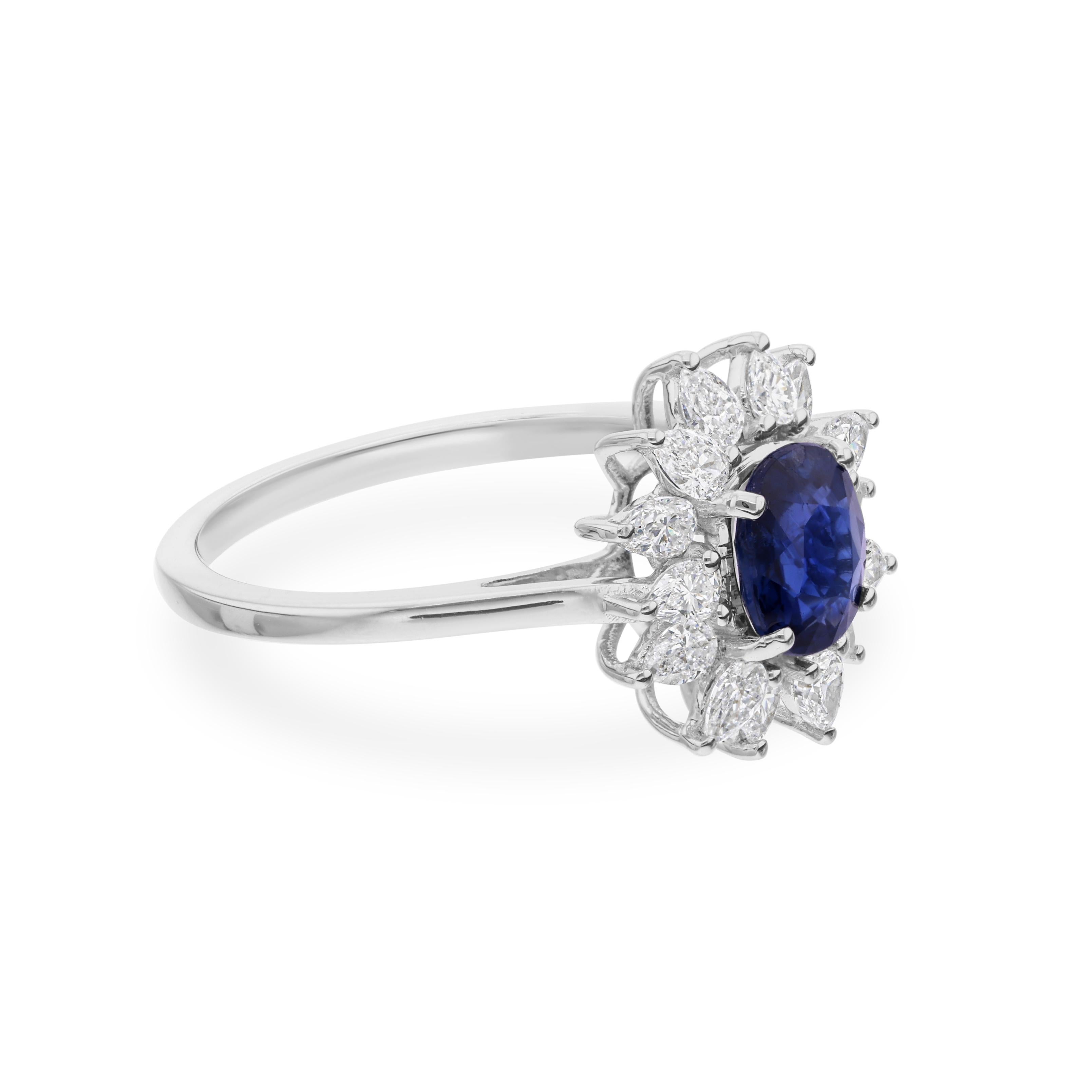 For Sale:  1.13 Carat Blue Sapphire 0.68 Ct SI/H Diamond Cocktail Ring 18 Karat White Gold 6