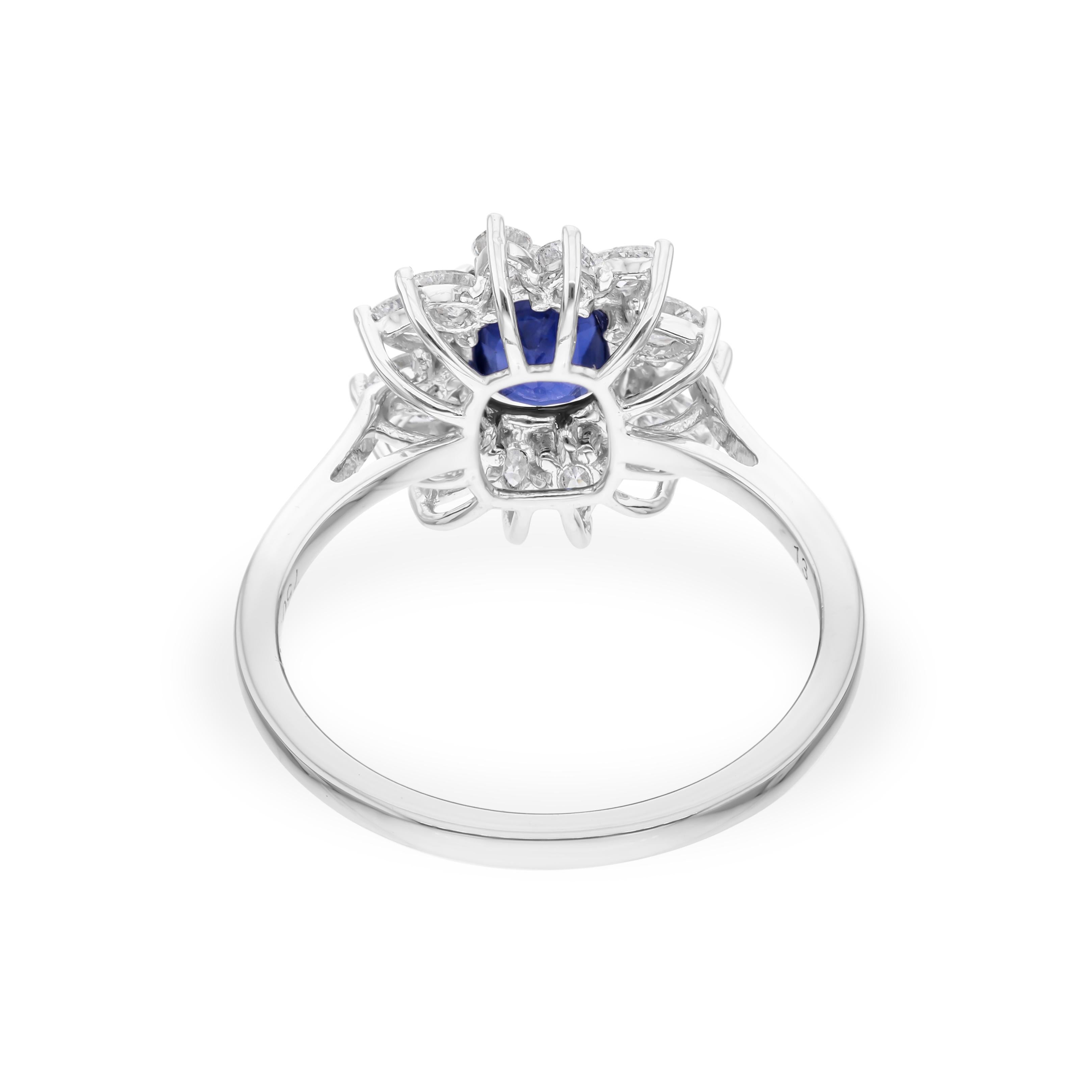 For Sale:  1.13 Carat Blue Sapphire 0.68 Ct SI/H Diamond Cocktail Ring 18 Karat White Gold 7