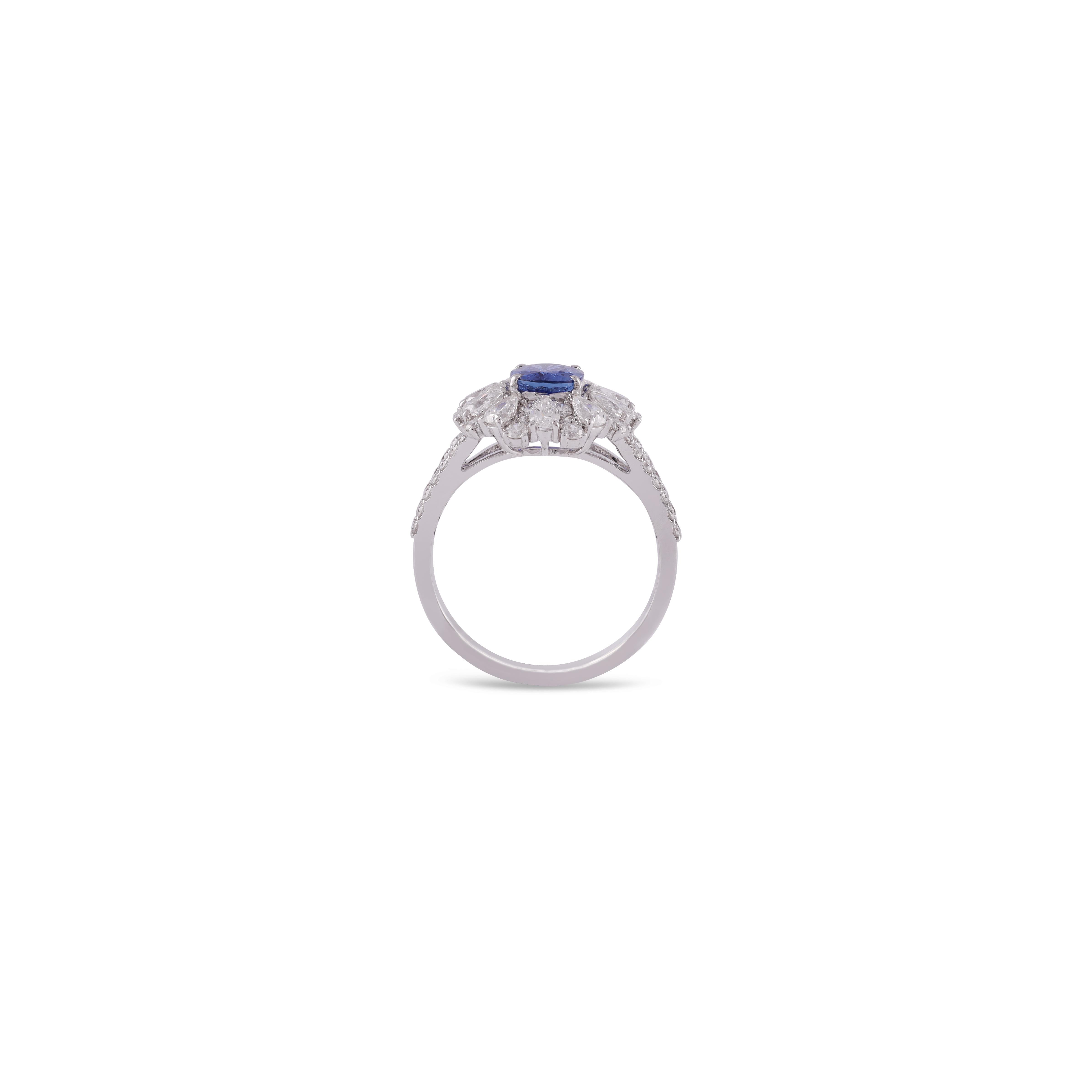 Contemporary 1.13 Carat Blue Sapphire and Diamond Ring in 18 Karat White Gold For Sale